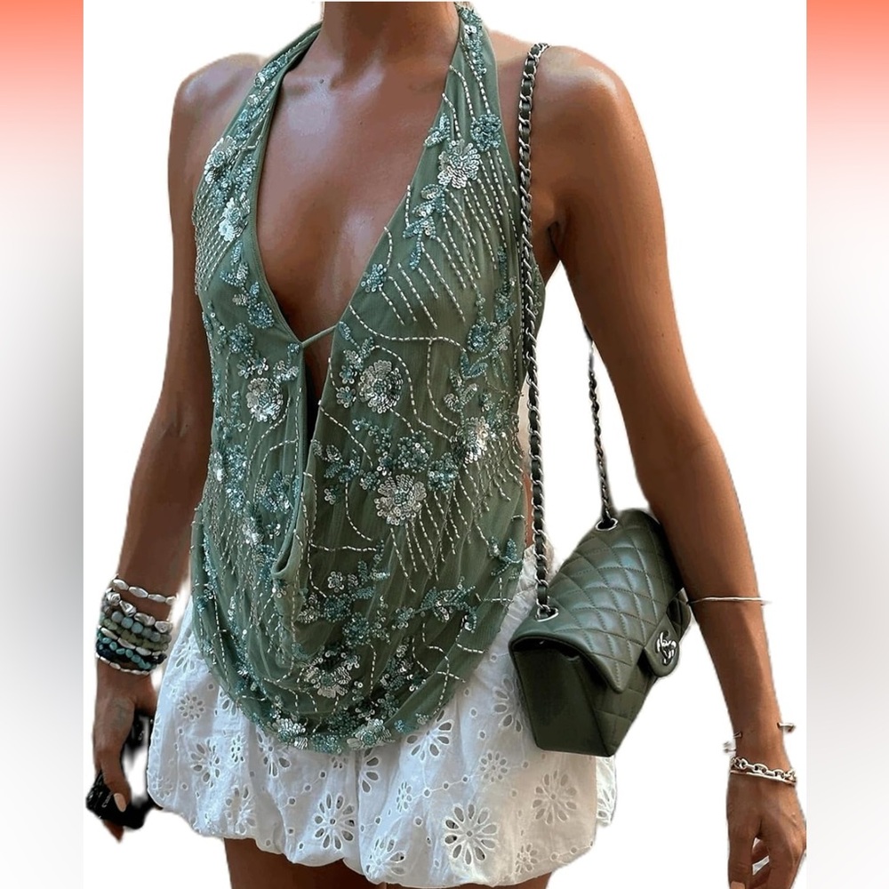 Green Sequin Beaded Halter Tie-Back Crop Top • Party / Cocktail • Size Large